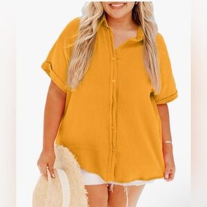 Eytino Women Plus Size Causal V Neck Roll Up Short Sleeve Button Down